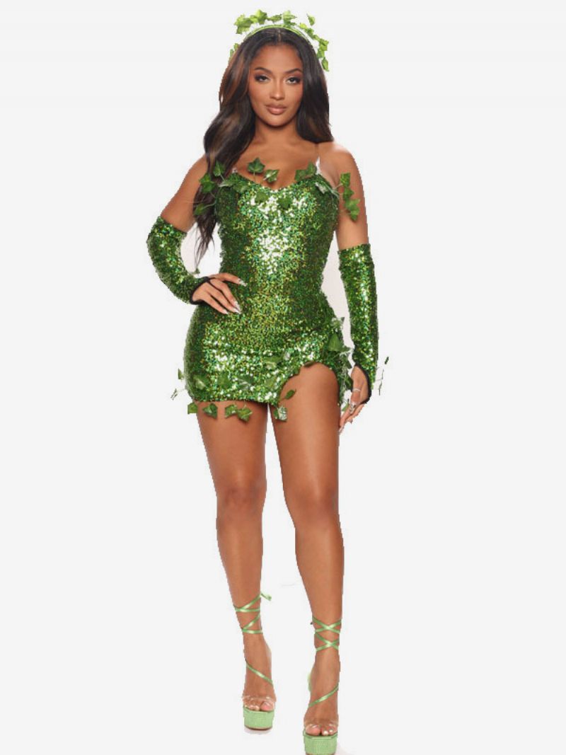 Robe Verte À Paillettes Pour Femmes Garniture Feuilles Dos Nu Robes Fête D'anniversaire - Vert