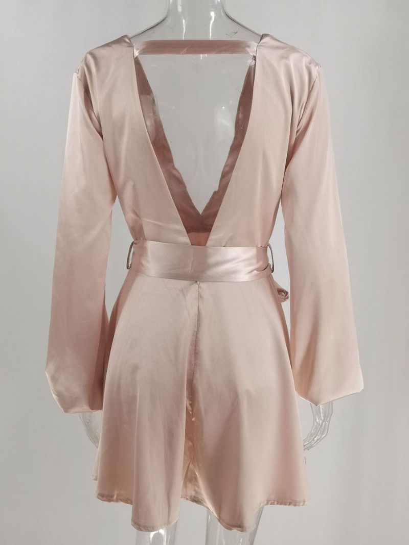 Robes Fête D'anniversaire Pour Femmes Col V Plissé Manches Longues Robe Semi-formelle Extensible - Rose