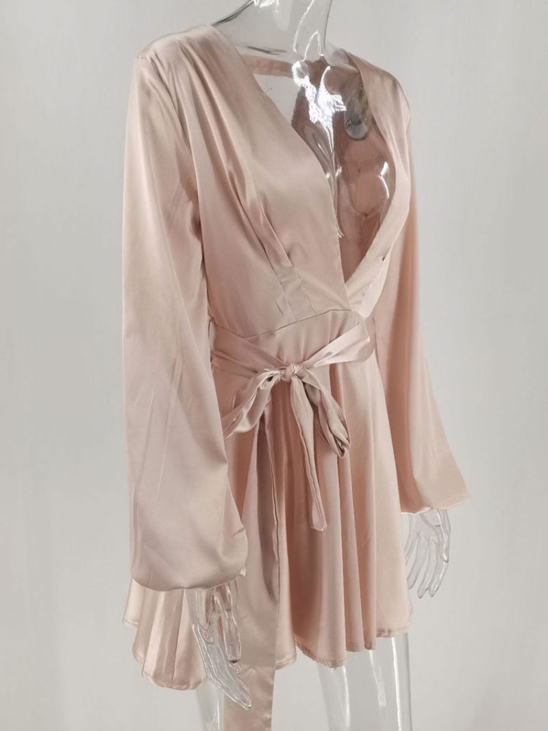 Robes Fête D'anniversaire Pour Femmes Col V Plissé Manches Longues Robe Semi-formelle Extensible - Rose