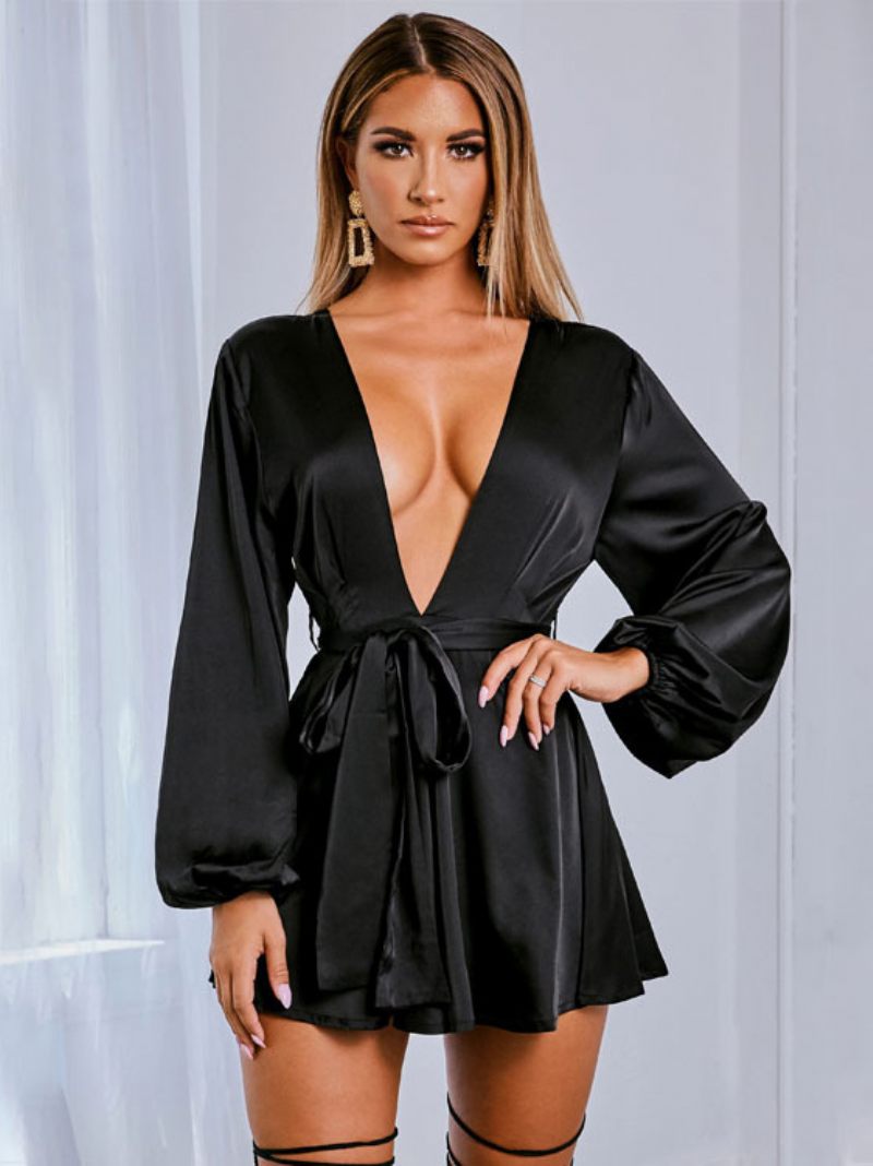 Robes Fête D'anniversaire Pour Femmes Col V Plissé Manches Longues Robe Semi-formelle Extensible - Noir