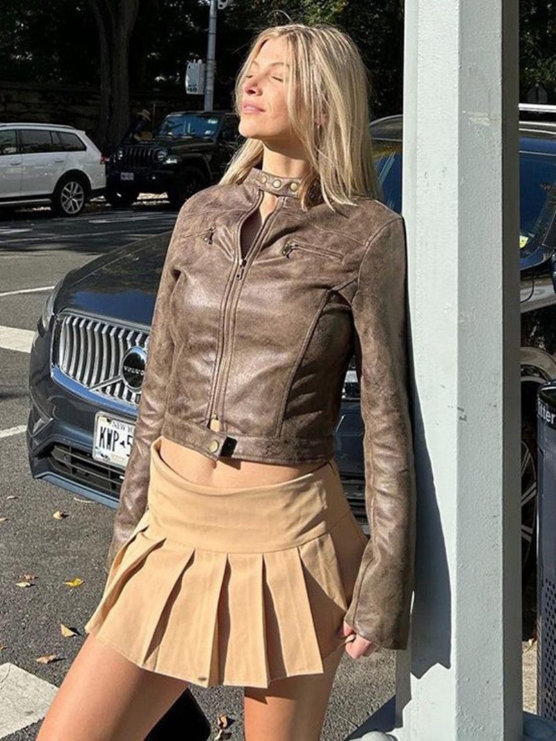 Veste Femme Col Agrémenté Fermeture Éclair Daim - Café Brun