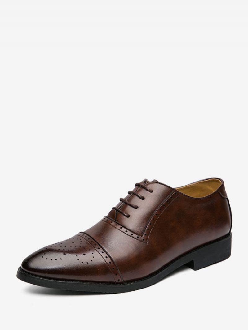 Chaussures Habillées Pour Hommes Élégantes À Bout Pointu Lacets Cuir Pu - Marron Café