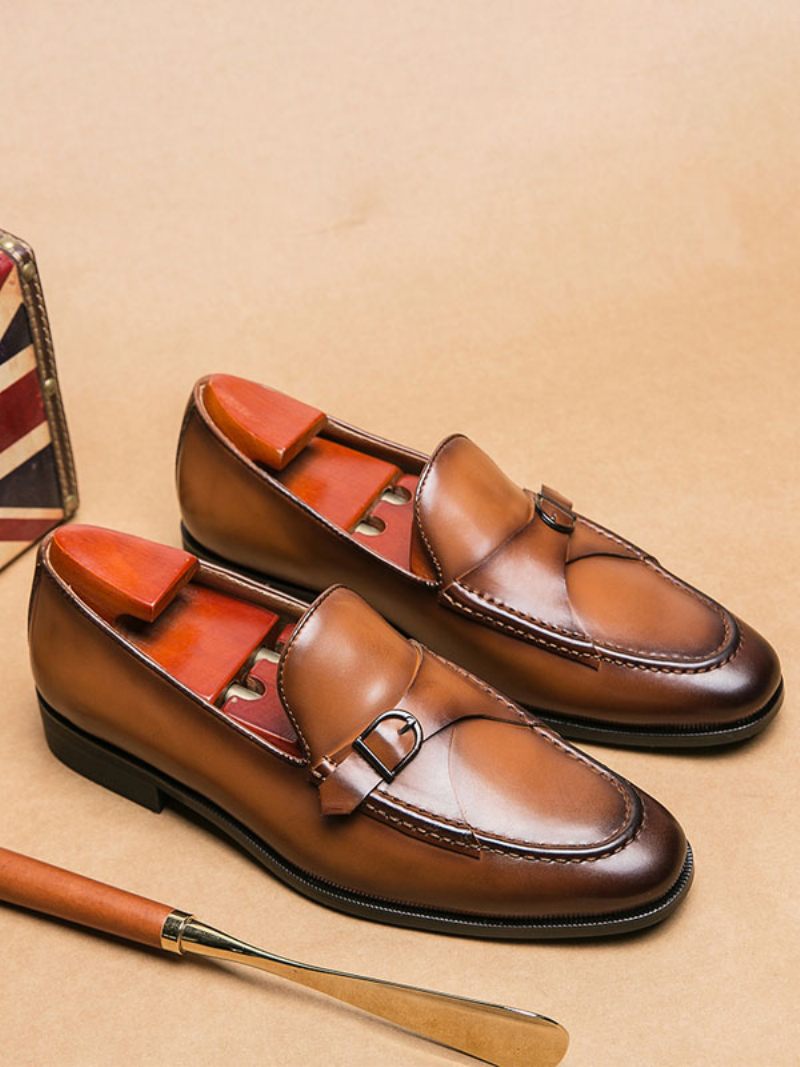 Chaussures Habillées Pour Hommes Élégantes À Bout Rond Et Sangle Moine Enfiler Cuir Pu - Brun Café