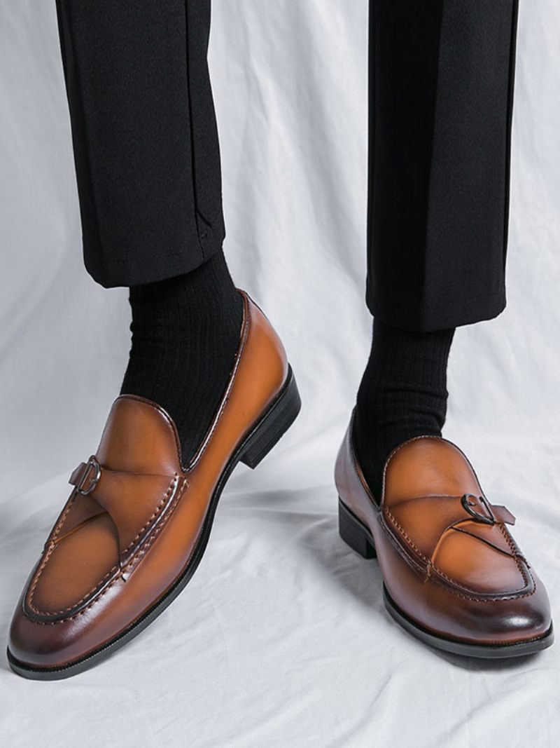 Chaussures Habillées Pour Hommes Élégantes À Bout Rond Et Sangle Moine Enfiler Cuir Pu - Brun Café