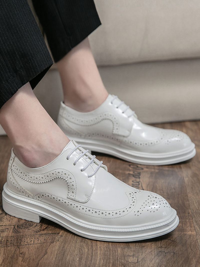 Chaussures Habillées Pour Hommes Mode Bout Rond À Lacets Cuir Pu - Blanc