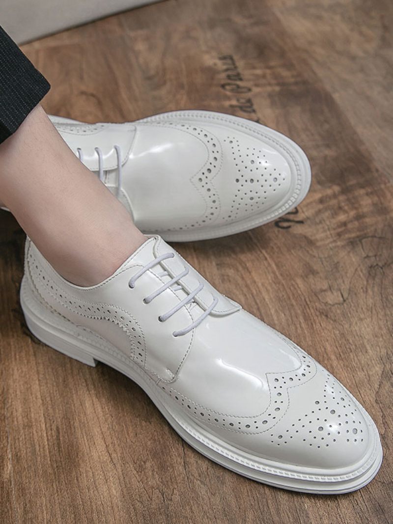 Chaussures Habillées Pour Hommes Mode Bout Rond À Lacets Cuir Pu - Blanc