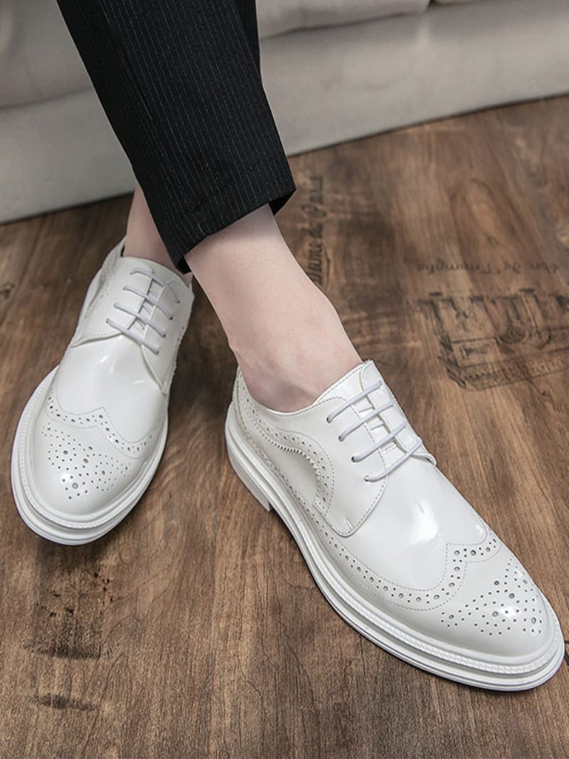 Chaussures Habillées Pour Hommes Mode Bout Rond À Lacets Cuir Pu - Blanc