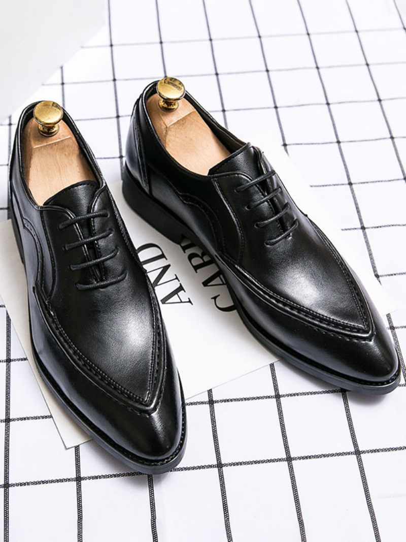 Chaussures Habillées Pour Hommes Modernes À Bout Pointu Lacets Cuir Pu - Noir