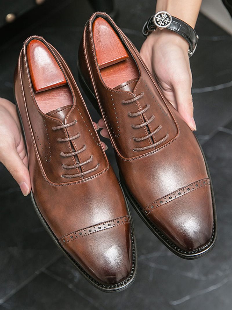 Chaussures Habillées Pour Hommes Noires Bout Rond À Lacets Oxfrod Marié - Marron Café