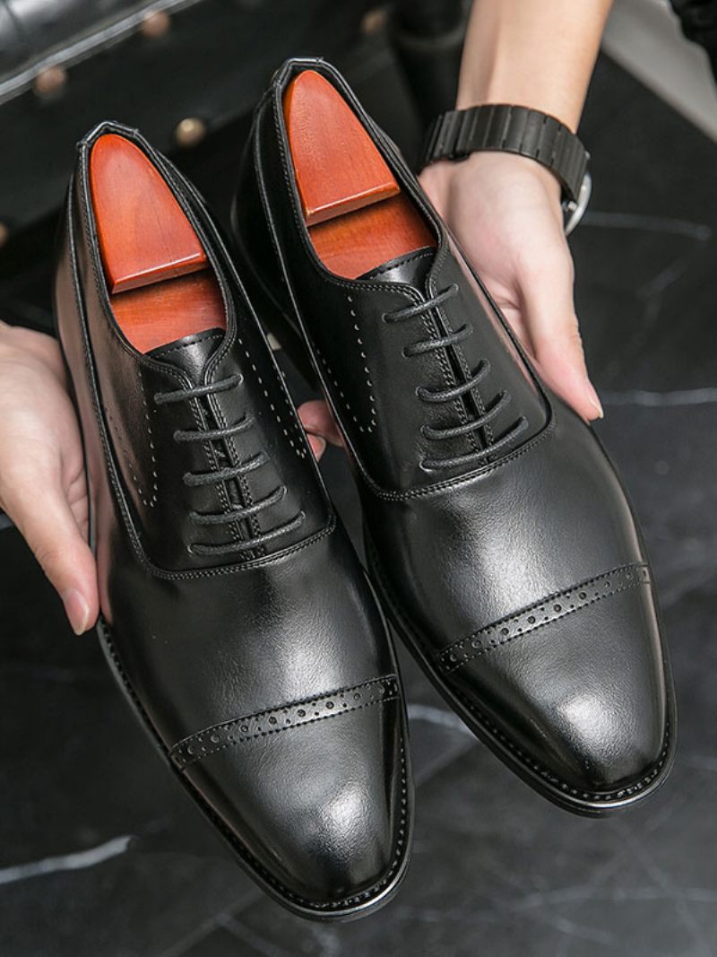 Chaussures Habillées Pour Hommes Noires Bout Rond À Lacets Oxfrod Marié - Noir