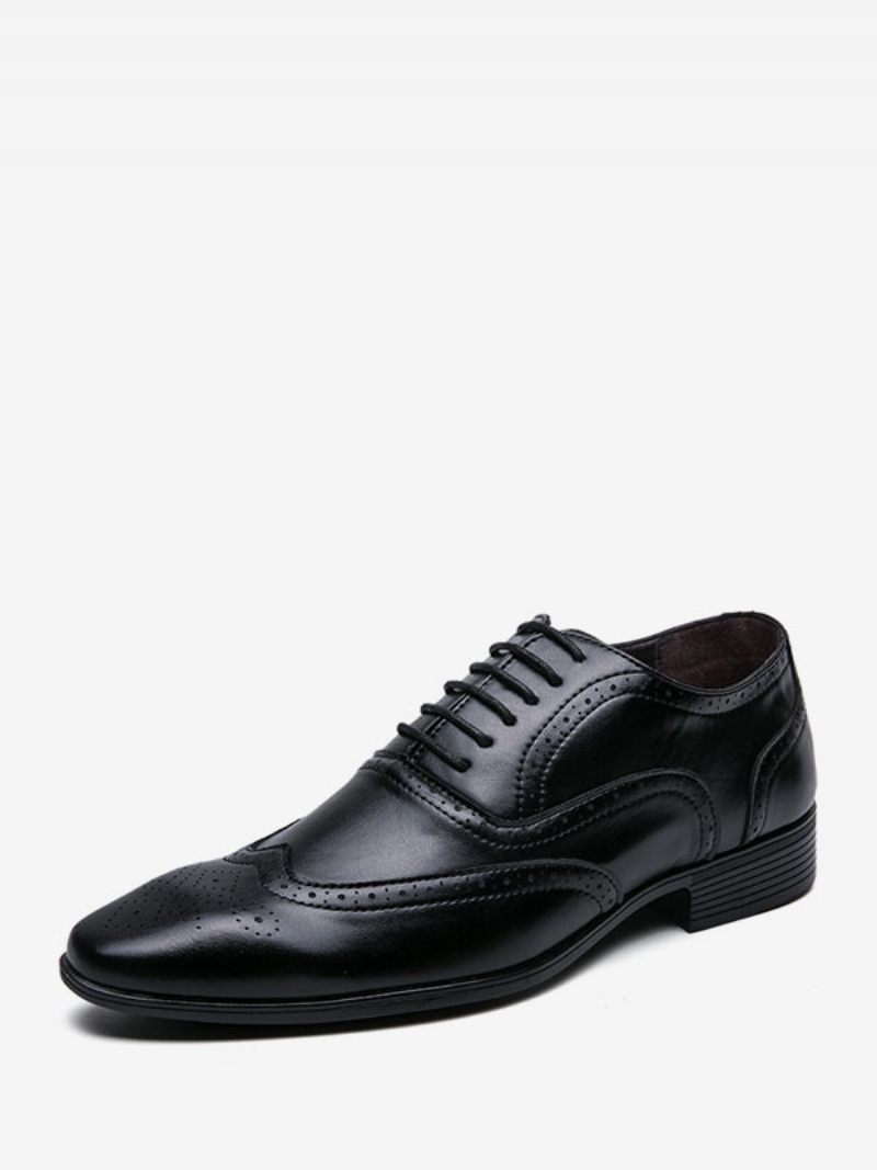 Chaussures Habillées Pour Hommes Oxford Cuir Pu À Bout Pointu Et Lacets - Noir