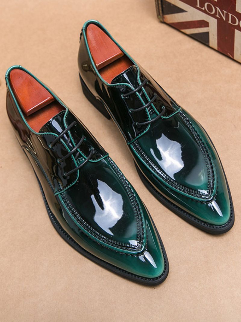 Chaussures Habillées Pour Hommes Qualité Bout Pointu À Lacets Cuir Pu - Vert