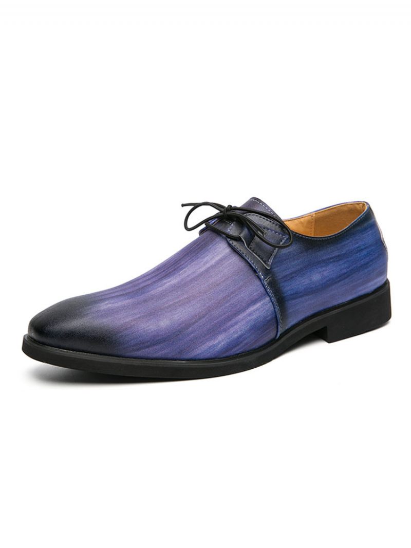 Chaussures Habillées Pour Hommes Qualité Bout Pointu À Lacets Décontractées Cuir Pu - Bleu