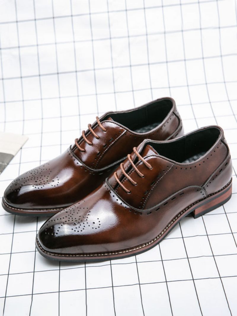 Chaussures Habillées Pour Hommes Qualité Bout Rond À Lacets Cuir Pu - Marron Café