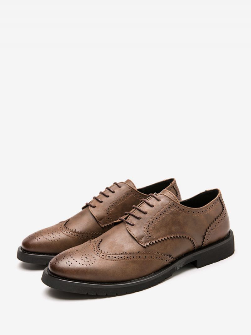 Chaussures Habillées Pour Hommes Qualité Bout Rond À Lacets Cuir Pu - Marron Café