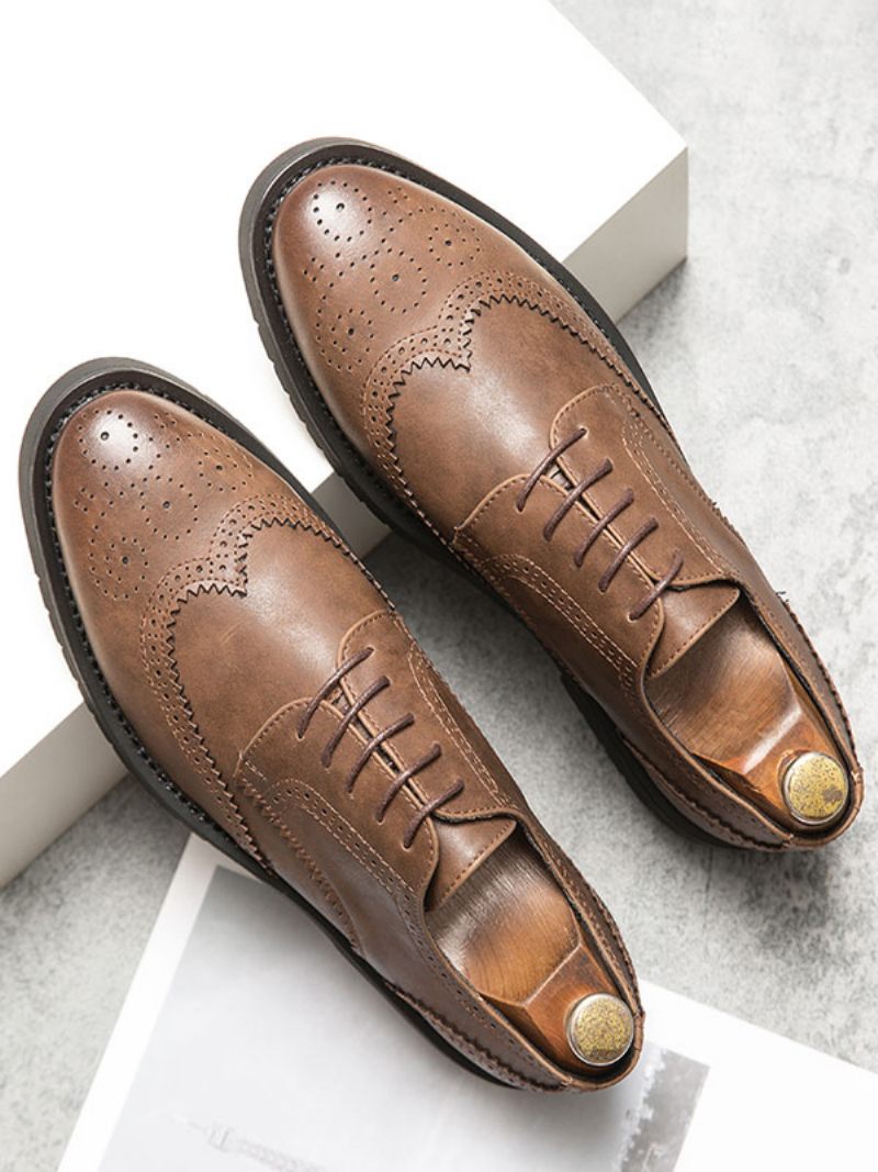 Chaussures Habillées Pour Hommes Qualité Bout Rond À Lacets Cuir Pu - Marron Café