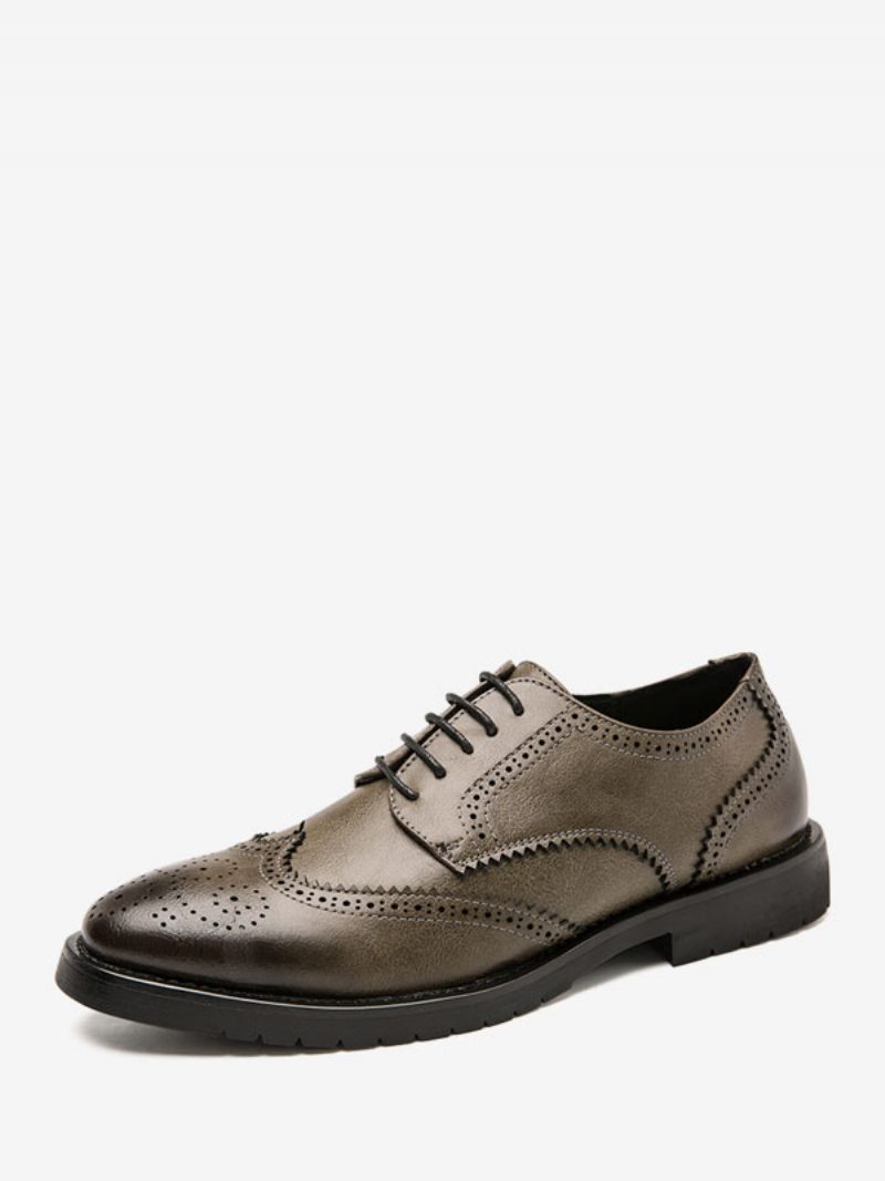 Chaussures Habillées Pour Hommes Qualité Bout Rond À Lacets Cuir Pu - Kaki