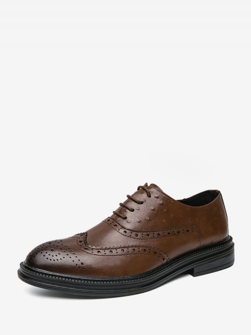 Chaussures Oxford Noires Pour Hommes Bout Rond Marié À Lacets - Marron Café