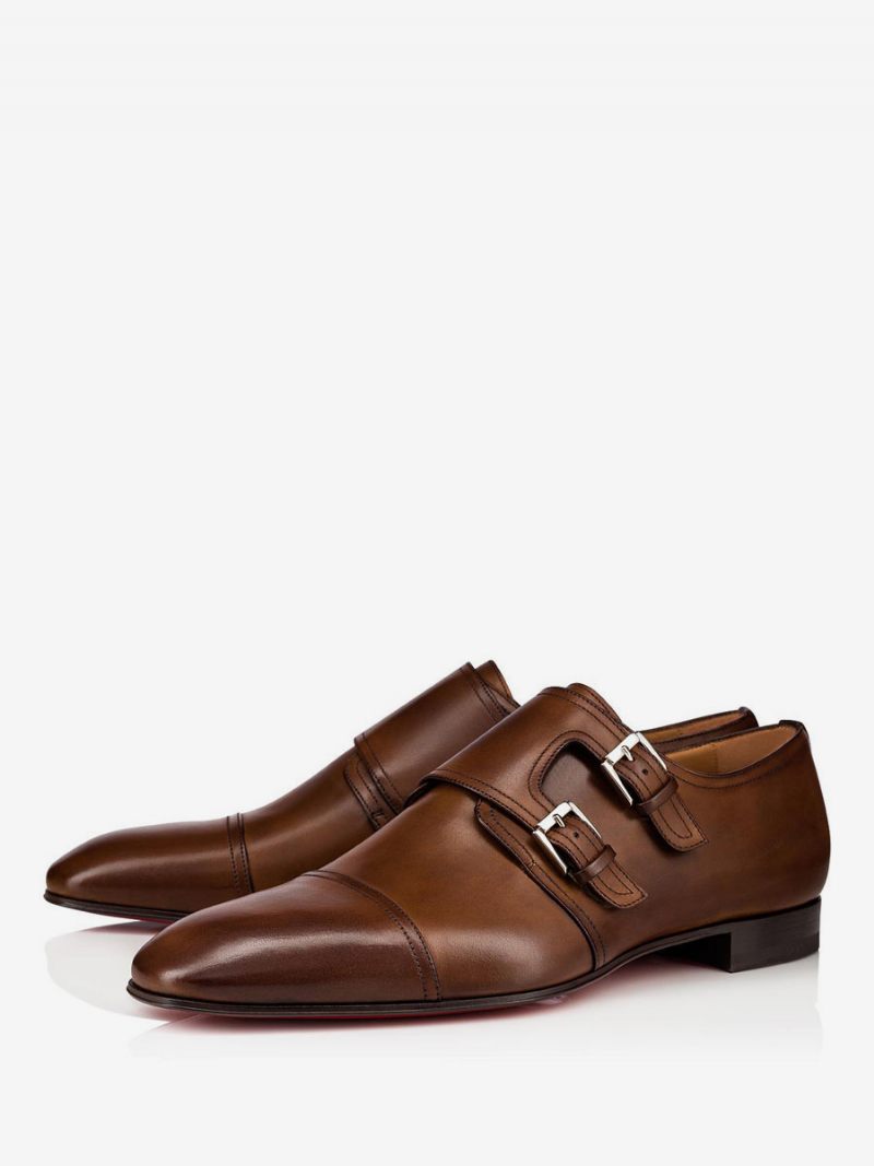 Mocassins Habillés À Double Moine Bout Droit Pour Hommes Marron Chaussures Bal Promo Mariage