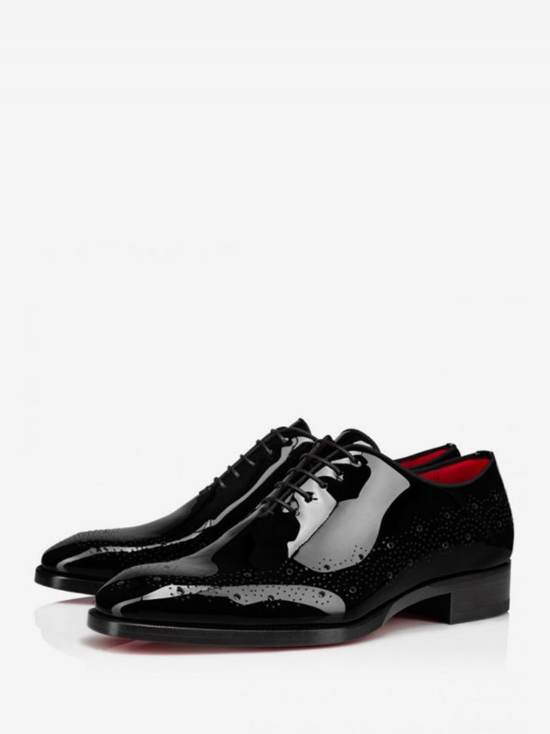 Robe Brogue Cuir Verni Pour Hommes Chaussures Noires À Bout Carré Derby Bal Fête Mariage