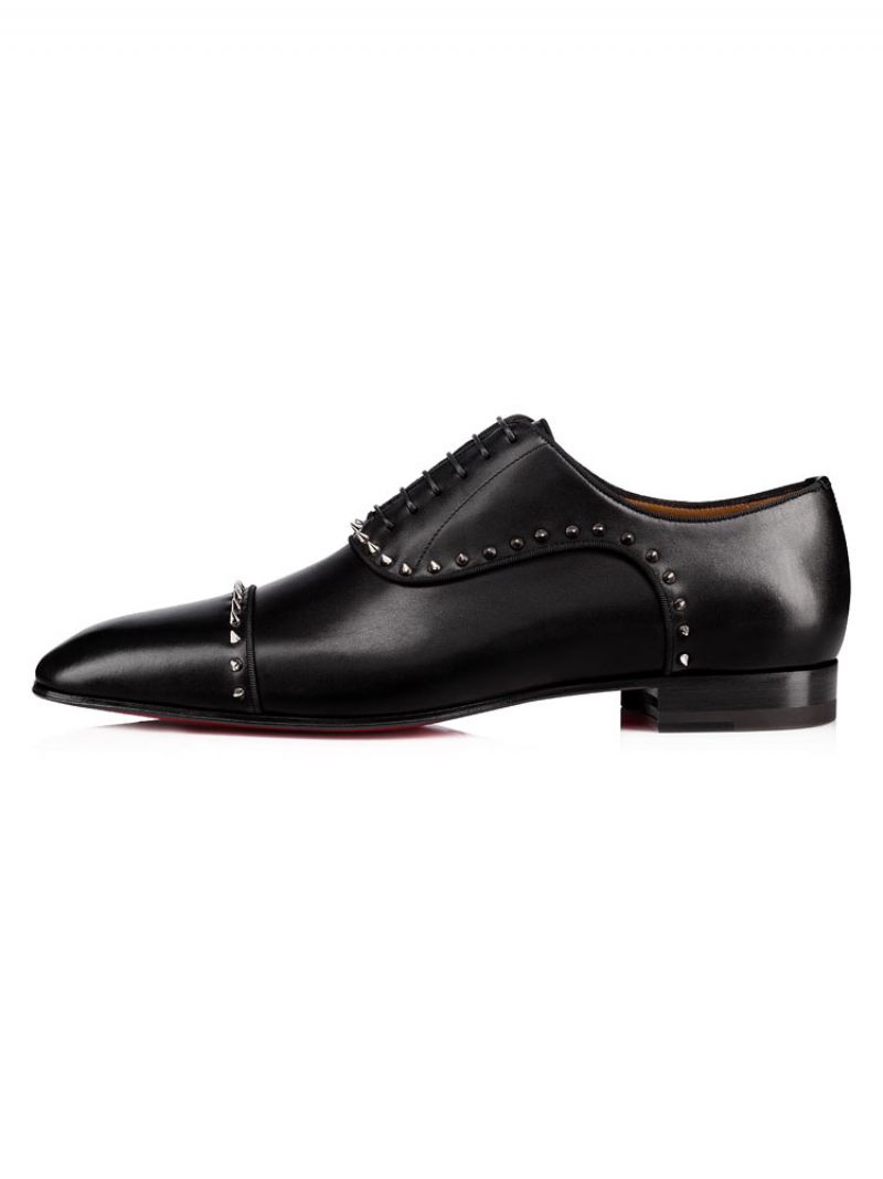 Robe Mariée Noire Pour Hommes Oxford Cuir Vachette Bout Rond Rivets Plats Chaussures À Pointes - Noir