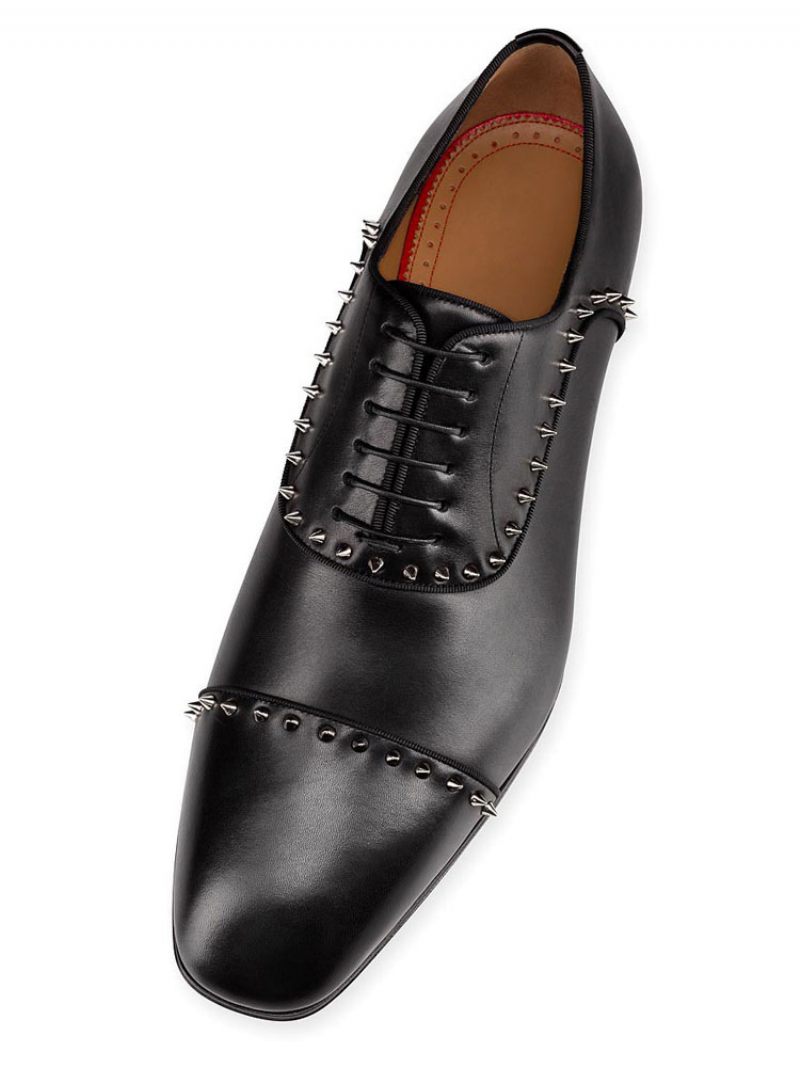 Robe Mariée Noire Pour Hommes Oxford Cuir Vachette Bout Rond Rivets Plats Chaussures À Pointes - Noir