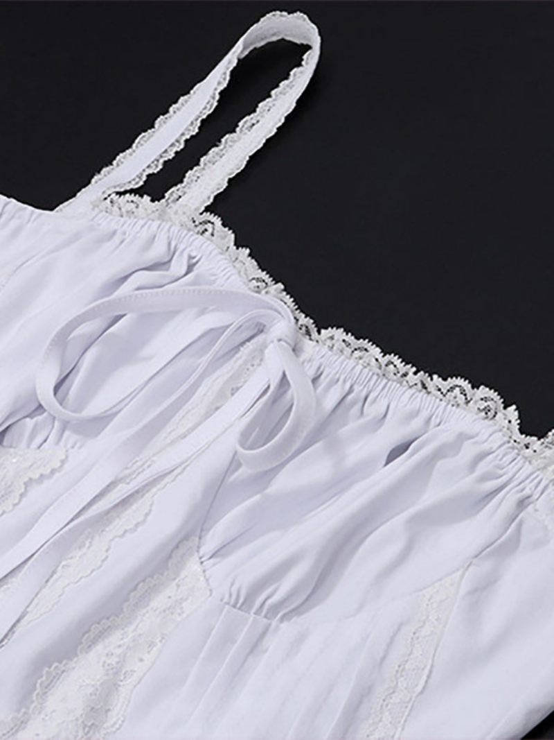 Mini Robes D'été Pour Femmes Bretelles Blanches Col Dentelle Robe Plage - Blanc