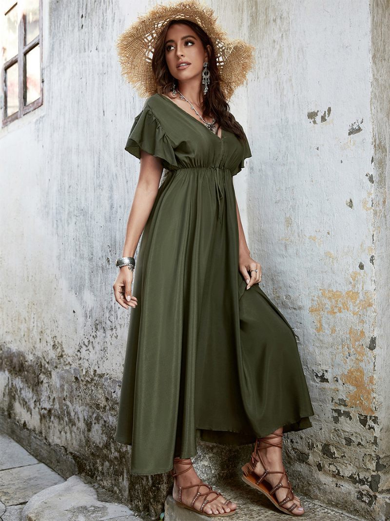 Robe Boho Pour Femmes Col V Manches Flottantes Taille Cordon Serrage Robes Longues D'été Décontractées - Vert Chasseur