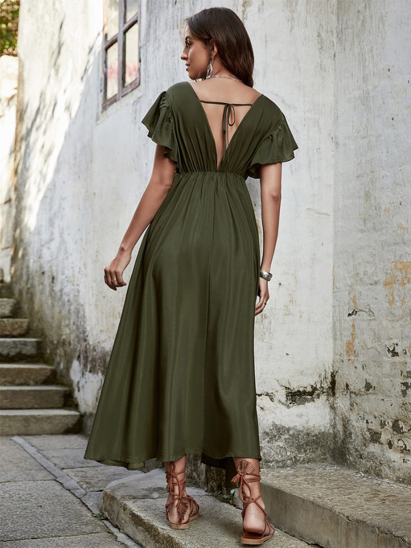 Robe Boho Pour Femmes Col V Manches Flottantes Taille Cordon Serrage Robes Longues D'été Décontractées - Vert Chasseur