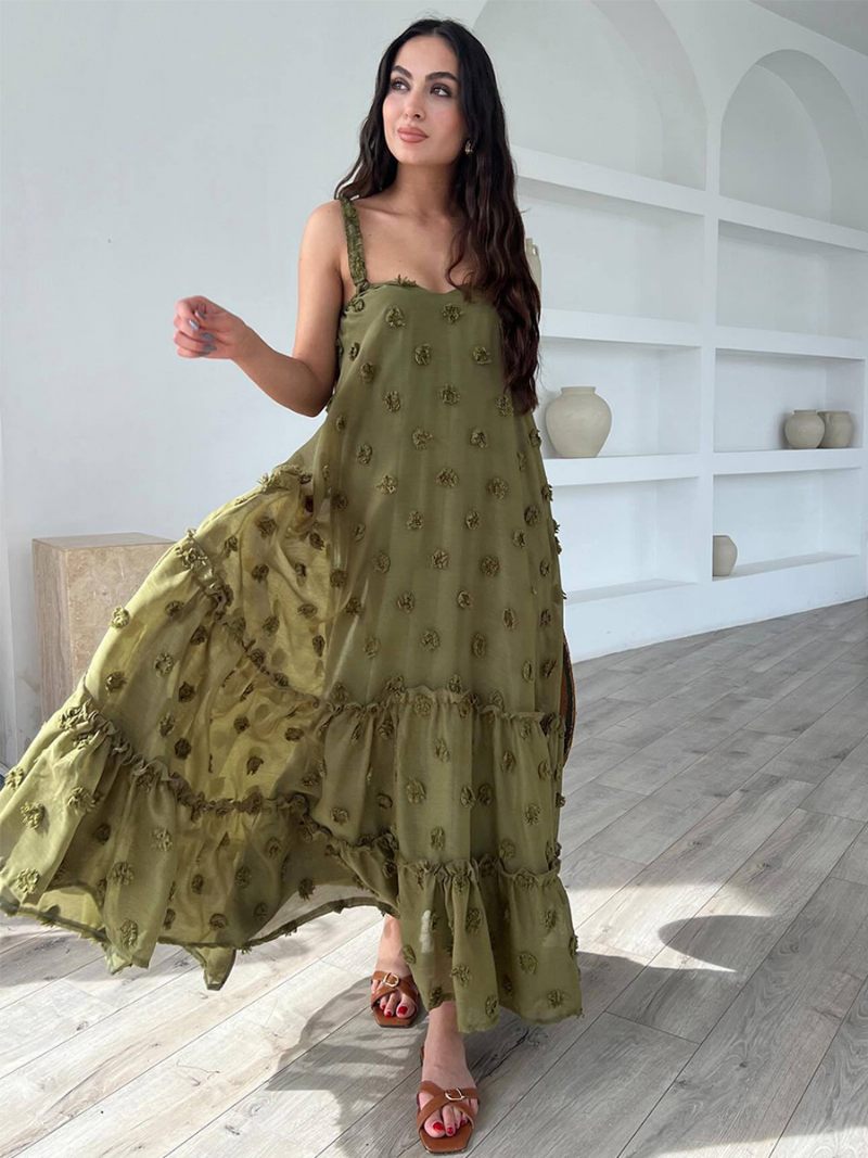 Robe Boho Pour Femmes Volants Bretelles Col Sans Manches Surdimensionnée D'été - Vert Chasseur