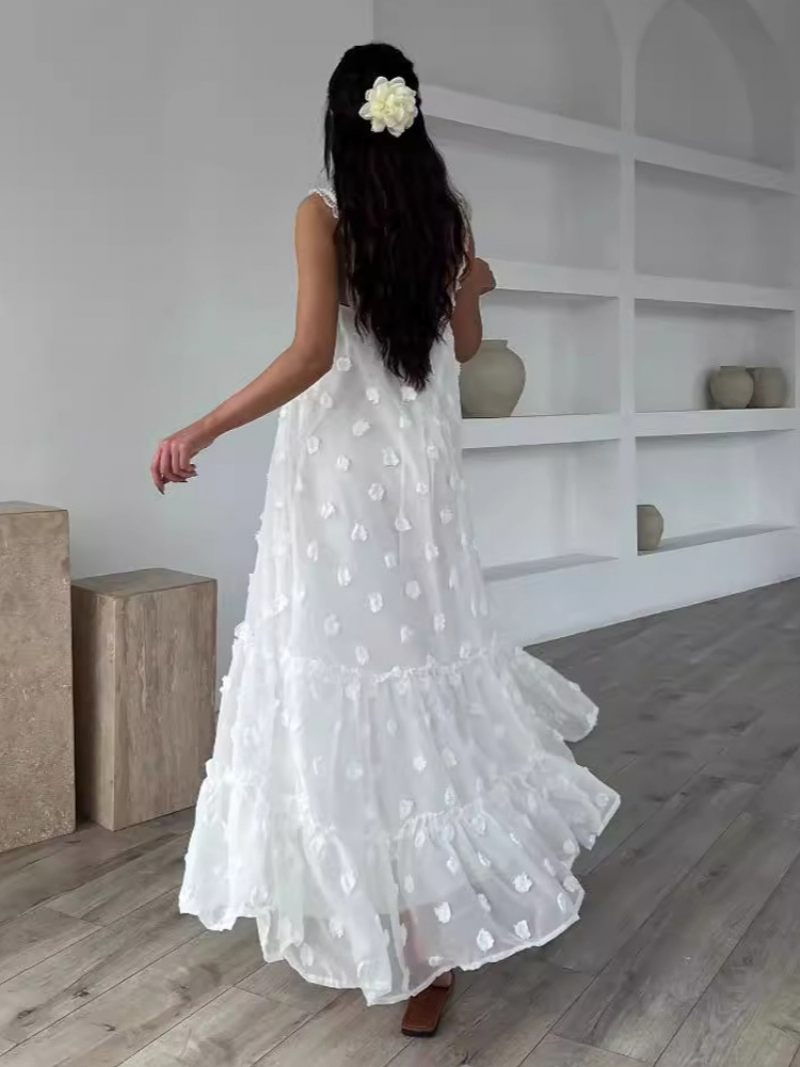 Robe Boho Pour Femmes Volants Bretelles Col Sans Manches Surdimensionnée D'été - Blanc