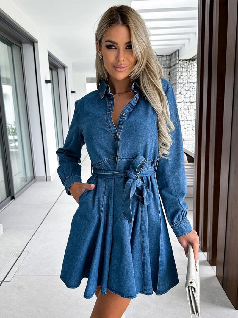 Robe Courte Bleue Pour Femmes Poches Ceinturées Manches Longues Robes Décontractées Printemps-automne