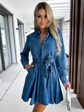 Robe Courte Bleue Pour Femmes Poches Ceinturées Manches Longues Robes Décontractées Printemps-automne