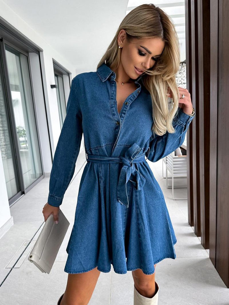 Robe Courte Bleue Pour Femmes Poches Ceinturées Manches Longues Robes Décontractées Printemps-automne - Bleu