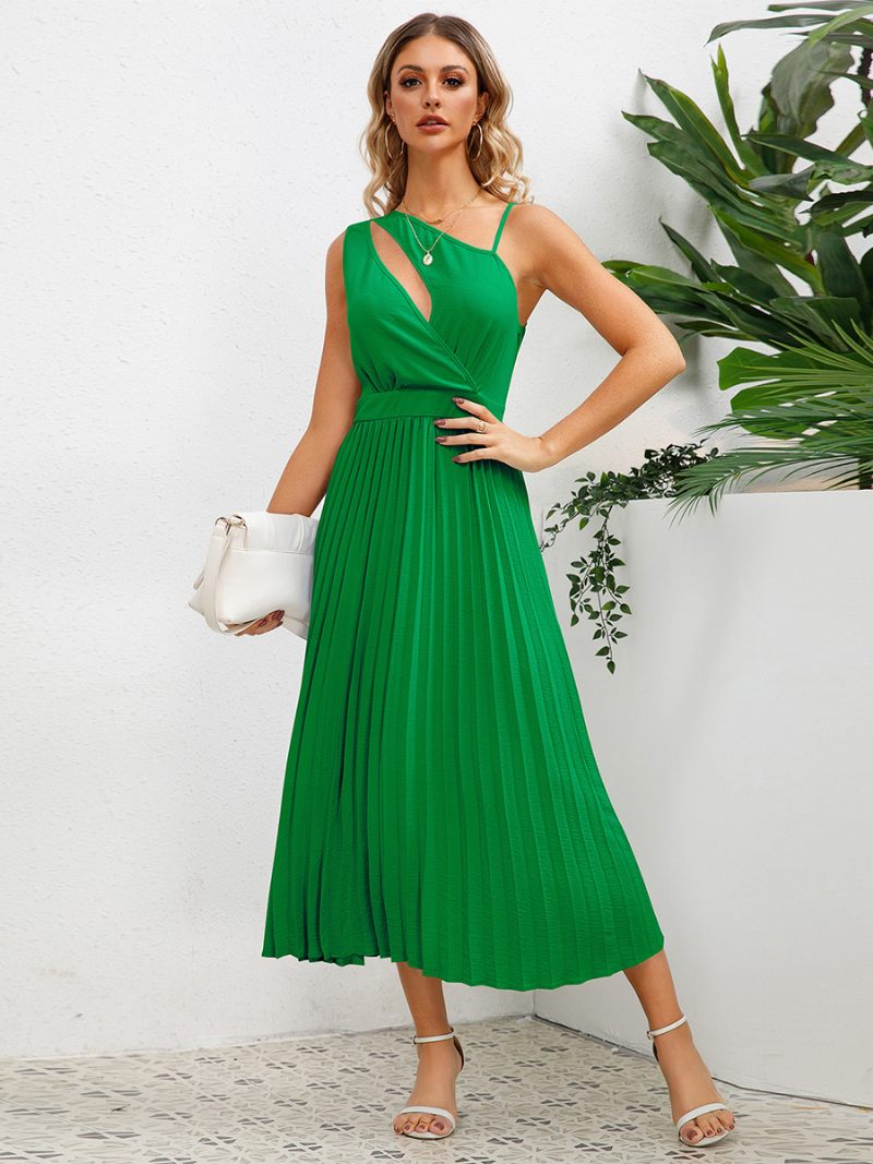 Robe Décontractée Pour Femmes Découpe Asymétrique Épaules Froncées Robes Mi-longues D'été - Vert