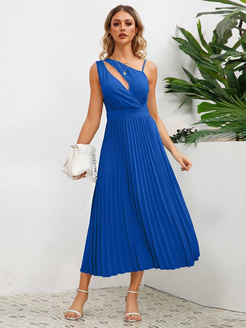 Robe Décontractée Pour Femmes Découpe Asymétrique Épaules Froncées Robes Mi-longues D'été - Bleu