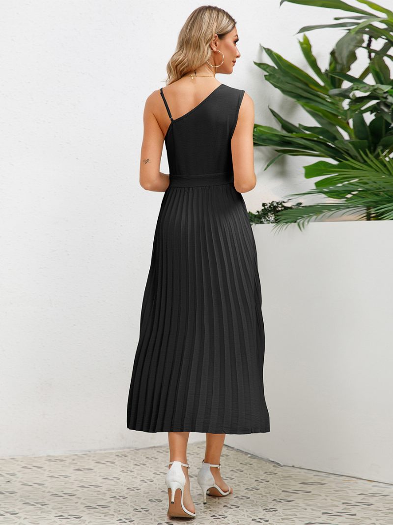 Robe Décontractée Pour Femmes Découpe Asymétrique Épaules Froncées Robes Mi-longues D'été - Noir