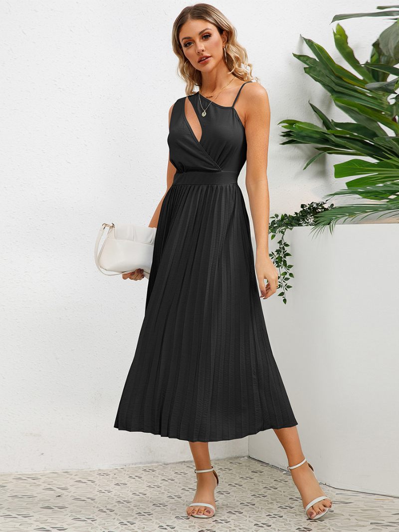 Robe Décontractée Pour Femmes Découpe Asymétrique Épaules Froncées Robes Mi-longues D'été - Noir