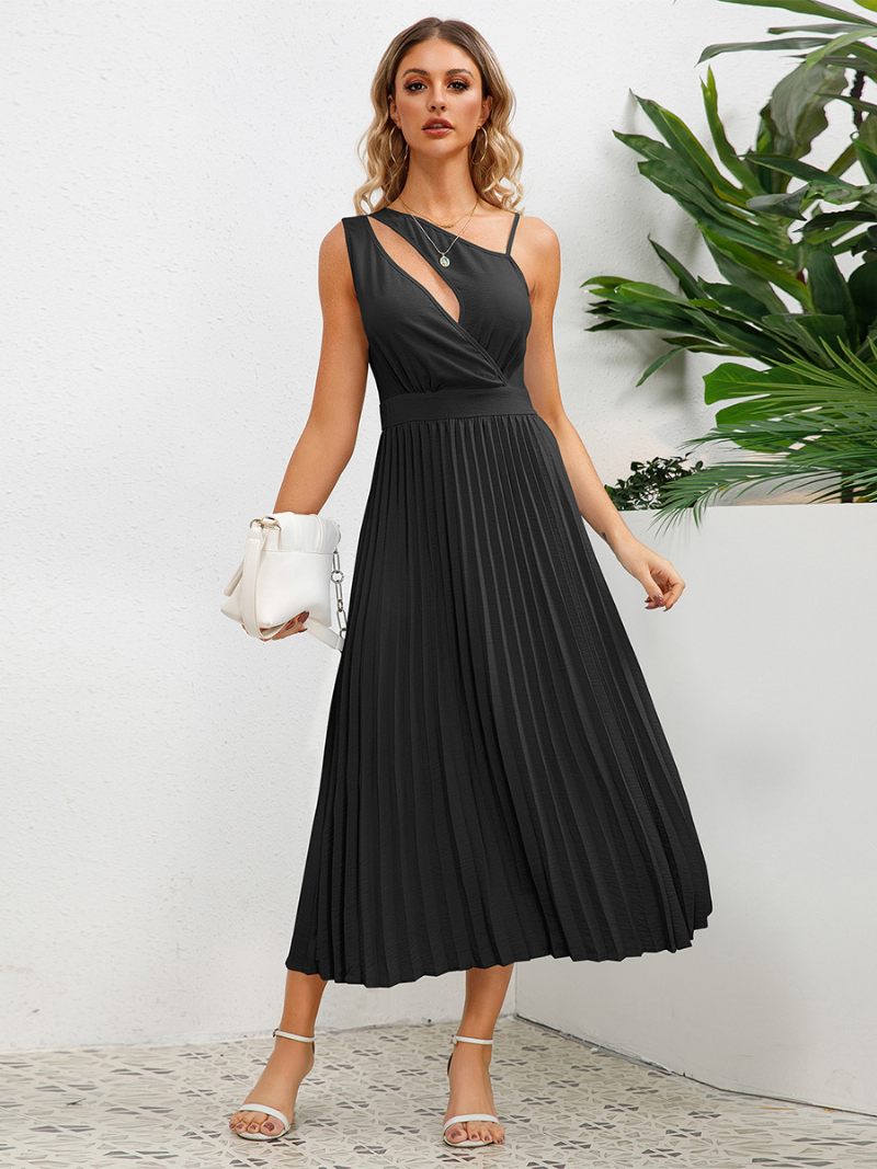 Robe Décontractée Pour Femmes Découpe Asymétrique Épaules Froncées Robes Mi-longues D'été - Noir