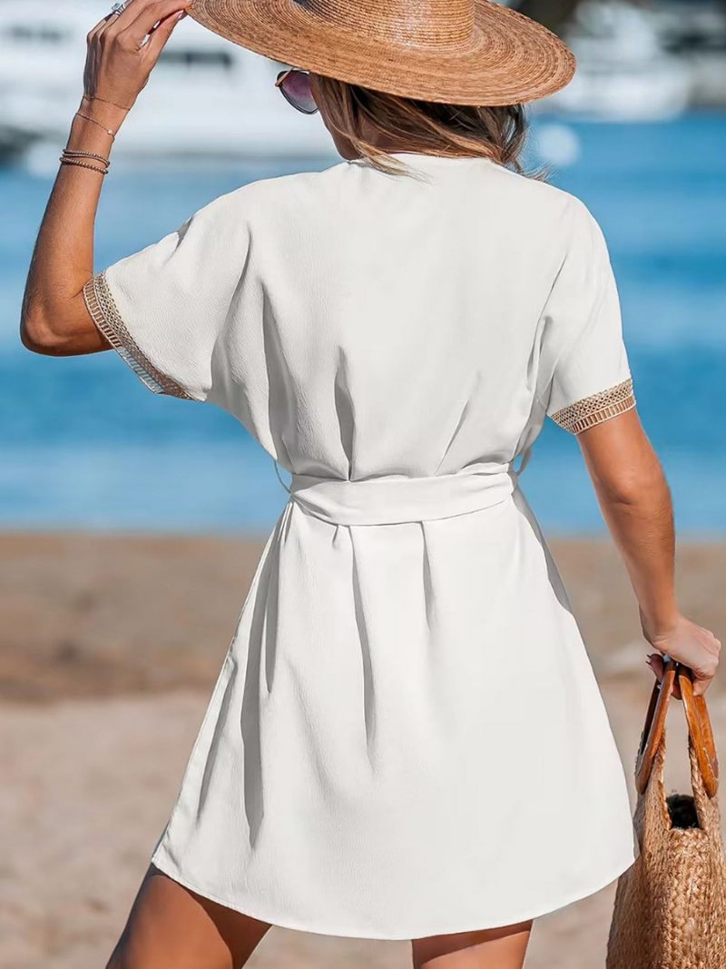 Robe D'été Blanche Pour Femmes Col V Manches Courtes Creuses Robes Décontractées - Blanc