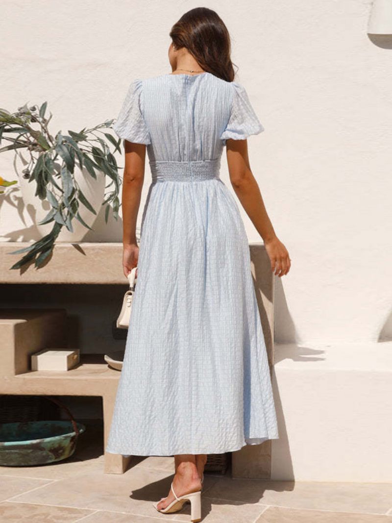 Robe D'été Bleu Ciel Clair Pour Femmes Manches Bouffantes Plongeantes Longue Décontractée - Bleu Ciel Clair