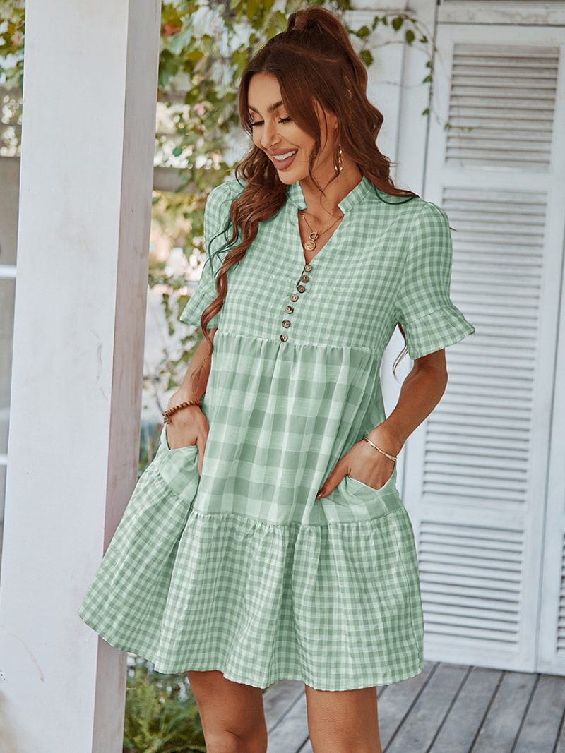 Robe D'été À Carreaux Pour Femmes Volants Boutons Manches Courtes Robes Décontractées - Vert