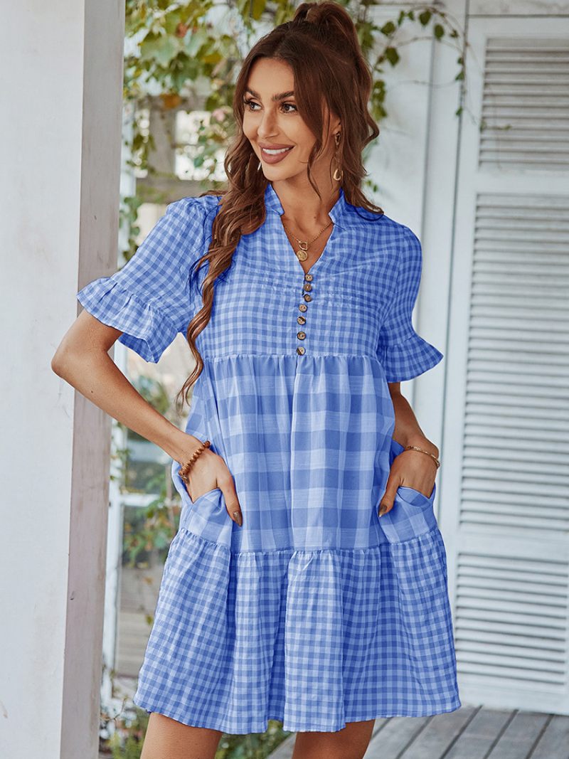 Robe D'été À Carreaux Pour Femmes Volants Boutons Manches Courtes Robes Décontractées - Bleu