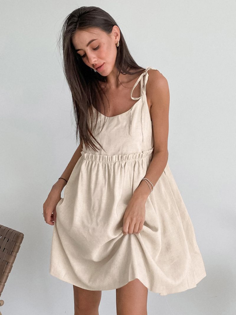 Robe D'été Pour Femmes Bretelles Col Lacets Surdimensionnée Écru Blanc Plage Courte - Beige