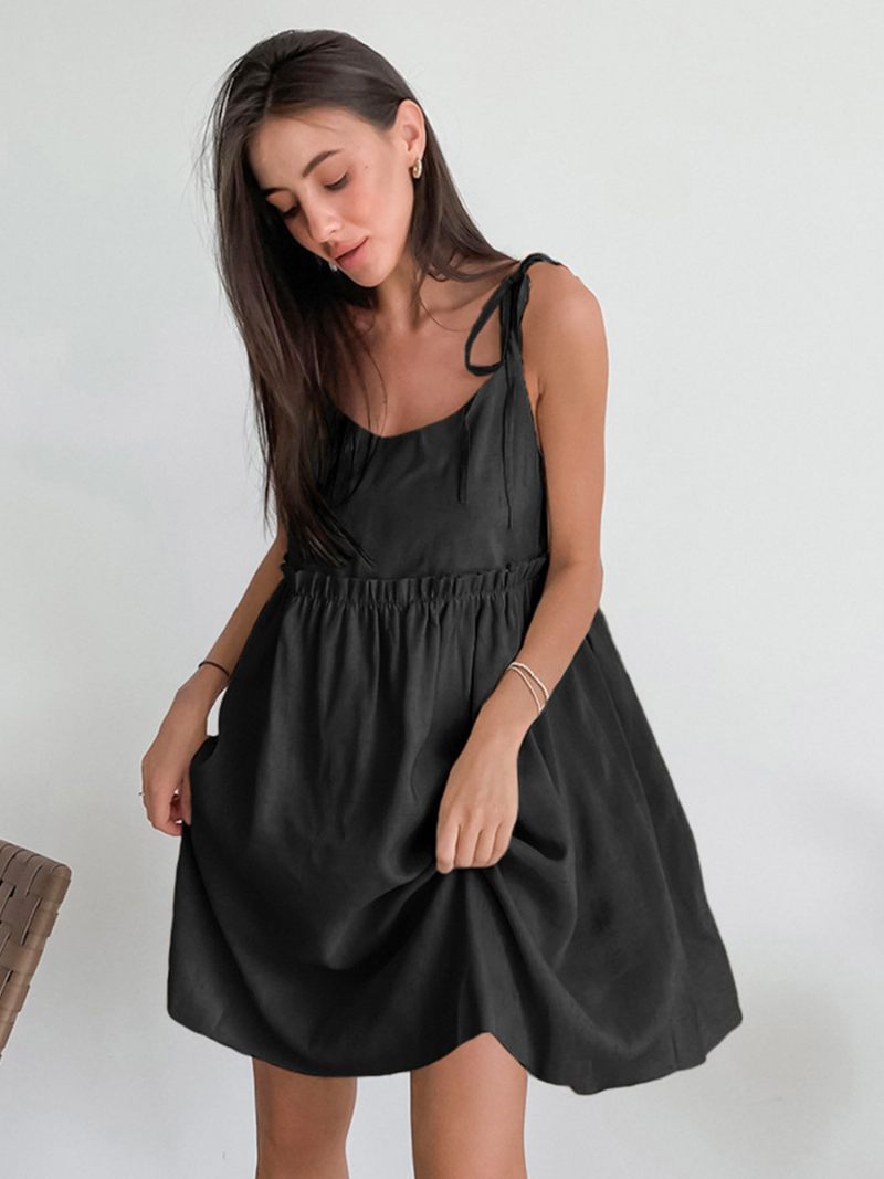 Robe D'été Pour Femmes Bretelles Col Lacets Surdimensionnée Écru Blanc Plage Courte - Noir