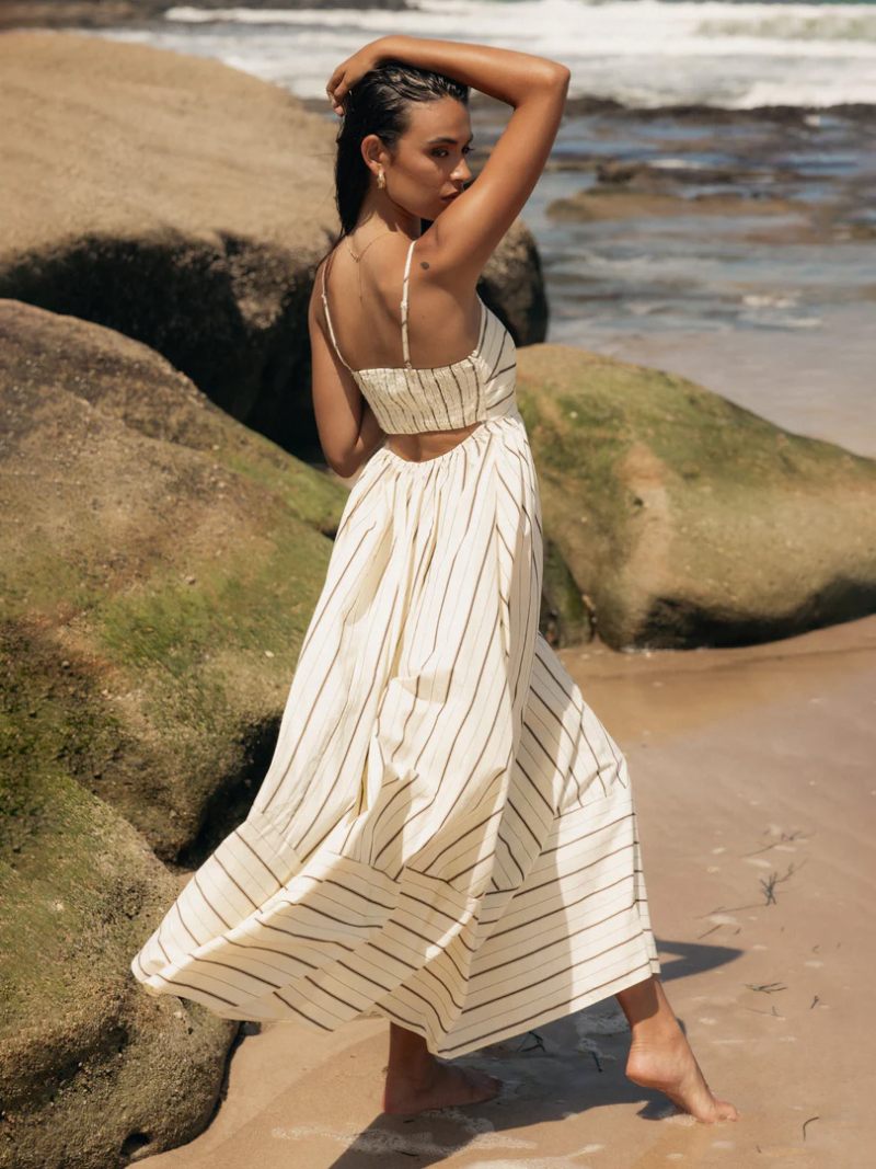 Robe D'été Pour Femmes Bretelles Col Rayures Découpée Dos Nu Abricot Longue Plage - Jaune Clair