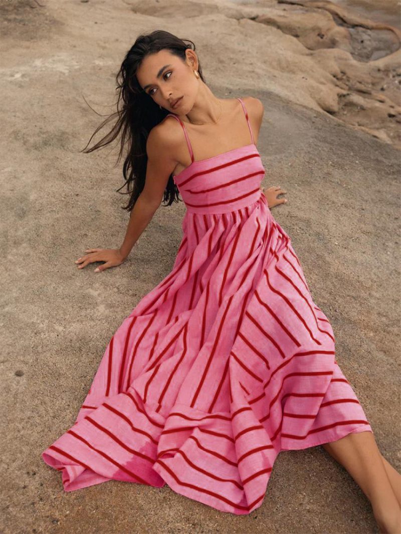 Robe D'été Pour Femmes Bretelles Col Rayures Découpée Dos Nu Abricot Longue Plage - Rouge