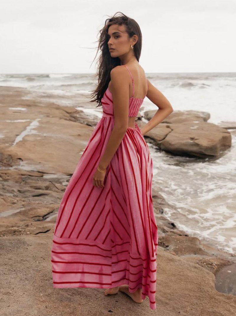 Robe D'été Pour Femmes Bretelles Col Rayures Découpée Dos Nu Abricot Longue Plage - Rouge