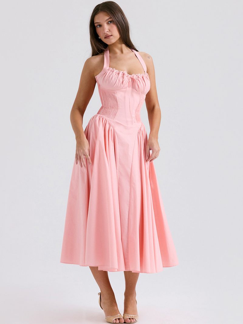 Robe D'été Pour Femmes Bretelles Réglables Lacets Col Licou Sans Manches Mi-longue Chic - Rose