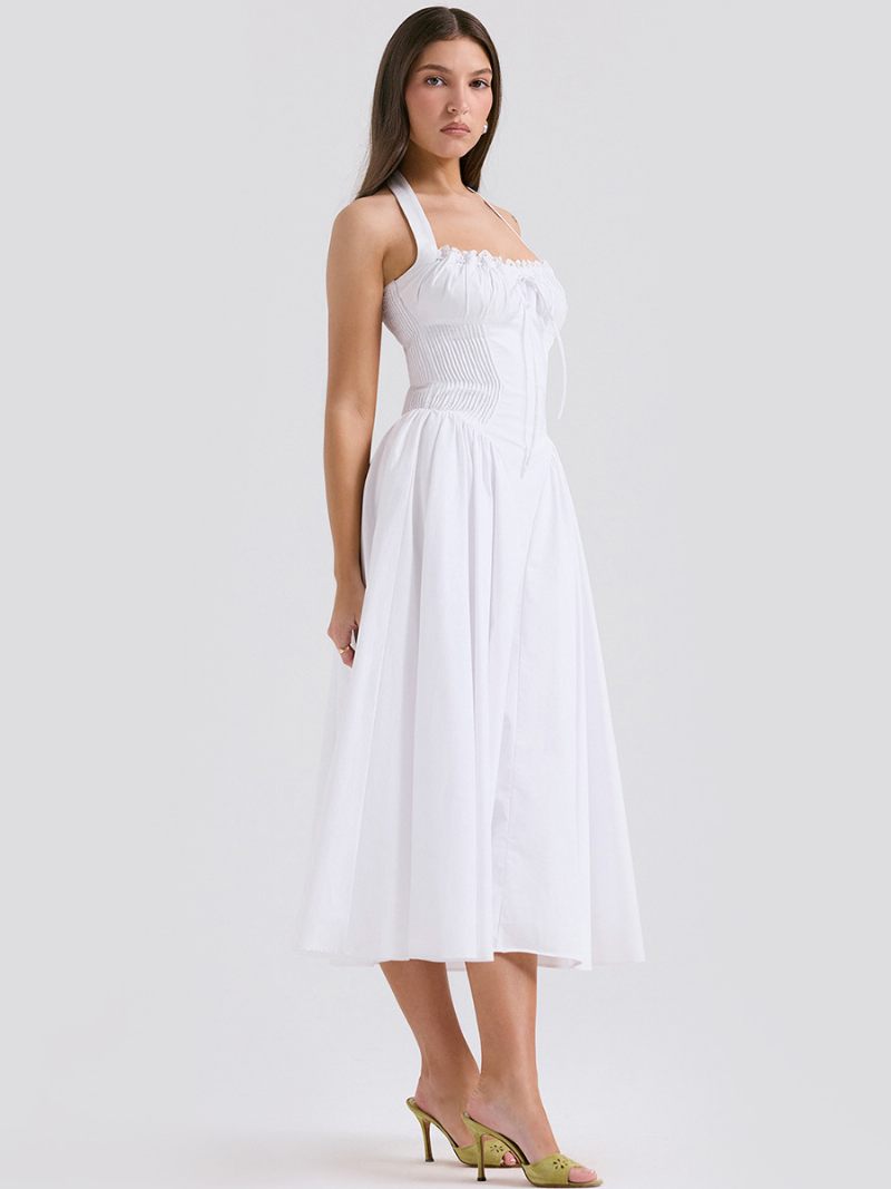 Robe D'été Pour Femmes Bretelles Réglables Lacets Col Licou Sans Manches Mi-longue Chic - Blanc